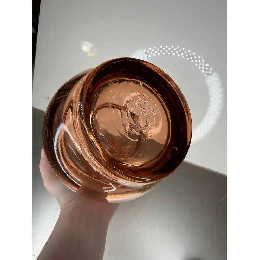 Vintage Pink Peach Thick Glass Pitcher Art Handblown Swirl Handle 11in